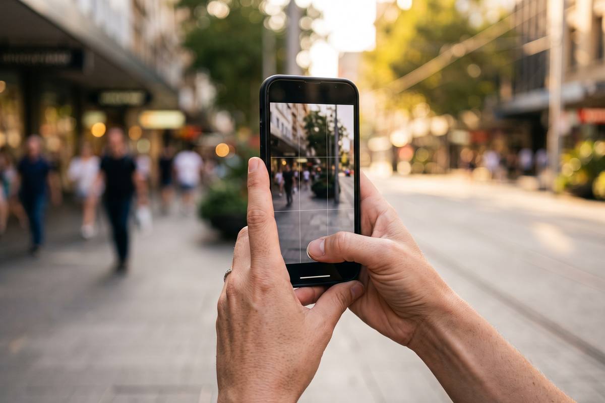 Hands adjusting camera settings on a smartphone screen