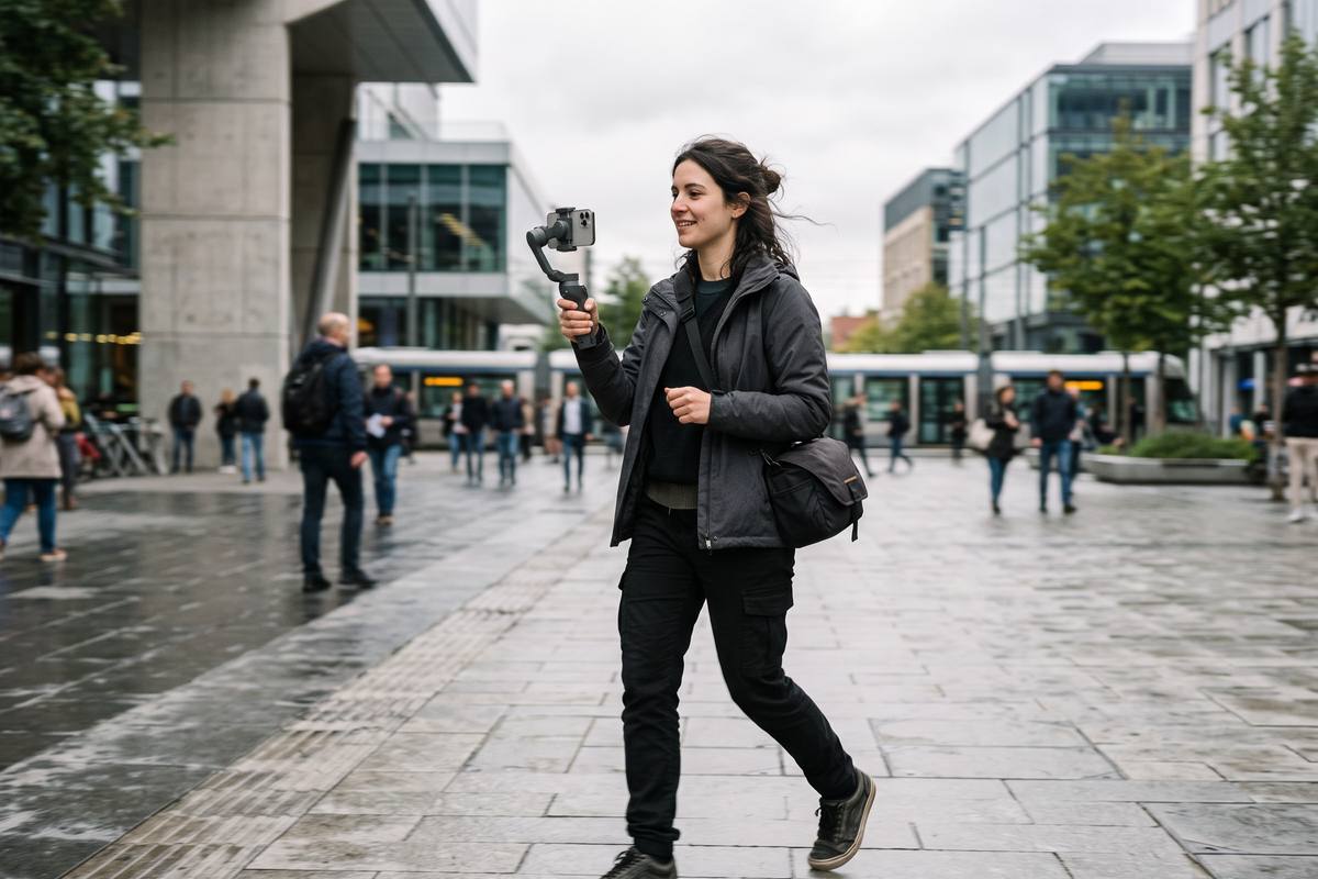 Creator walking with a phone on a handheld stabiliser