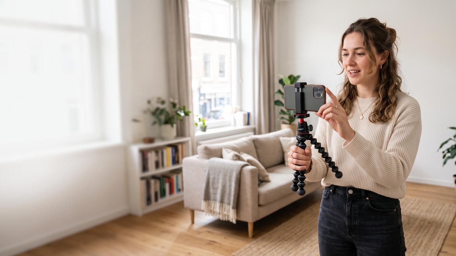 Creator filming vertical video with a phone mounted on a tripod in a bright room